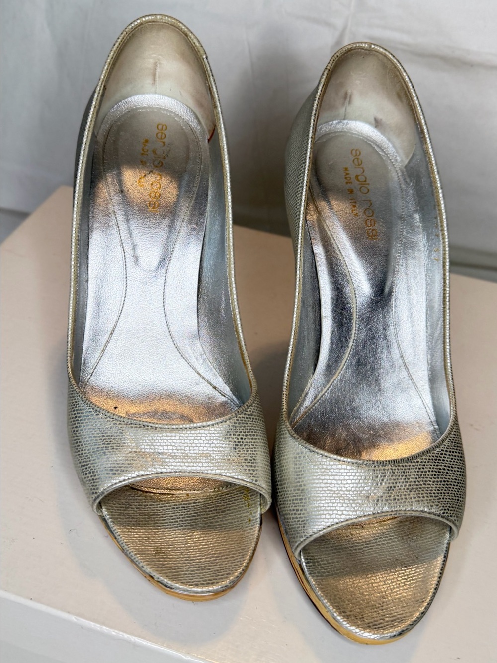 Sergio Rossi Metallic Gold Lizard-Texture Peep-Toe Heels
